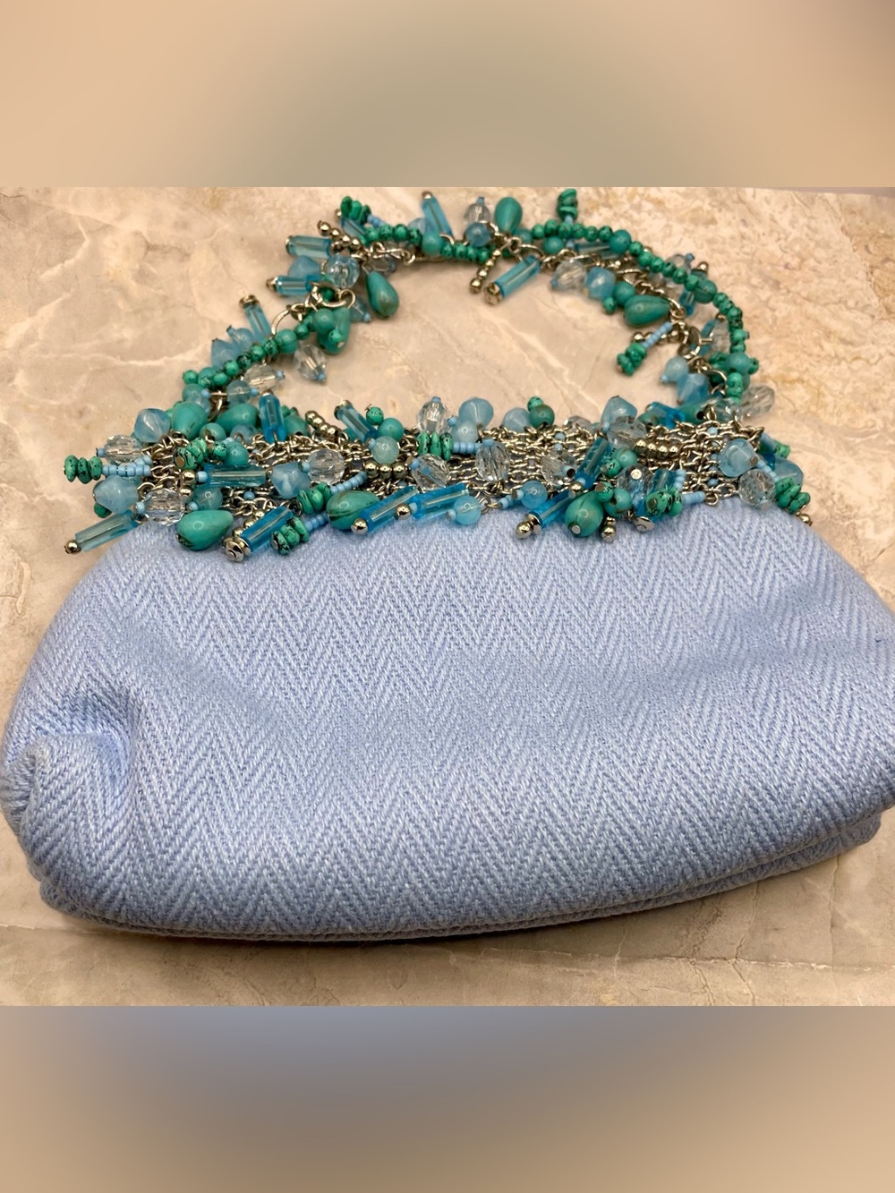 Beaded Turquoise-Blue Herringbone Fabric Purse Clutch w/Silver Tone Chain